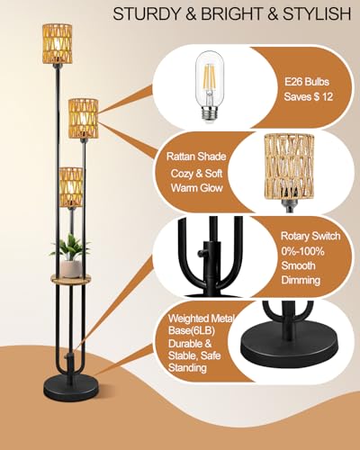 63IN Dimmable Floor Lamp with Shelf, Black Rattan Tall Standing Lamps Candle Holder Style, 3000K Warmwhite Mid Century Modern Floor Lamp with 5Lbs Heavy Base for Living Room (Bulbs Included) - color: 3 Rattan-Black Shelf