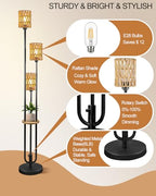 63IN Dimmable Floor Lamp with Shelf, Black Rattan Tall Standing Lamps Candle Holder Style, 3000K Warmwhite Mid Century Modern Floor Lamp with 5Lbs Heavy Base for Living Room (Bulbs Included) - color: 3 Rattan-Black Shelf