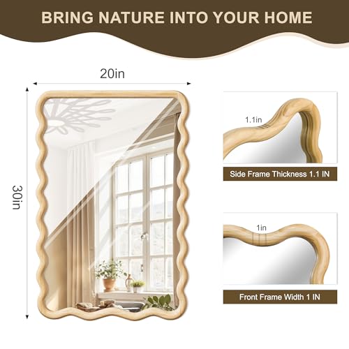 Wavy Mirror for Wall, 30"x20" Boho Bathroom Vanity Mirror with Wooden Frame, for Bedroom, Living Room, Entryway, Farmhouse - size: 30"L x 20"W