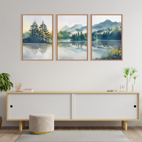 HPNIUB Large Green Mountain Framed Canvas Wall Art Set, Nature Foggy Forest Lake Reflection Wall Decor,Modern Pine Tree Artwork,Watercolor Landscape Art Print for Living Room,Bedroom,Office-16 x24 x3 - color: Nature Mountain Wall Art, size: 16"L x 24"W