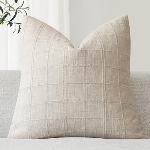 Foindtower Set of 1 Decorative Linen Check Throw Pillow Cover Neutral Farmhouse Vintage Cushion Cover Modern Boho Home Decor for Sofa Chair Couch Bedroom Living Room Outdoor,16×16 Inch,Natural Beige - color: Beige, size: 16" x 16" (Pack of 1)
