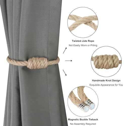 BEL AVENIR Magnetic Jute Curtain Tiebacks, Decorative Drapery Holdbacks Bohemian Style Woven Tie-Backs with Exquisite Knot (Jute, 6 Pack) - color: Jute, size: 6 Pack
