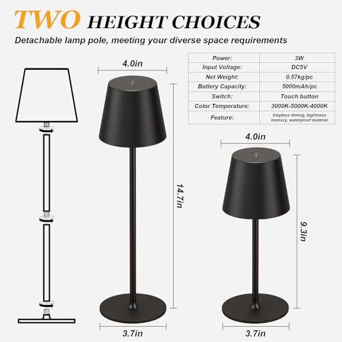 Kakanuo Cordless Table Lamp Rechargeable Black - KK 4 Pack Battery Operated Lamp for Dining Table, 3 Color Stepless Dimming Wireless Lamp for Counter, Outdoor Patio, Touch Control - color: Black 1, size: 4 Pack 14in - Down Light
