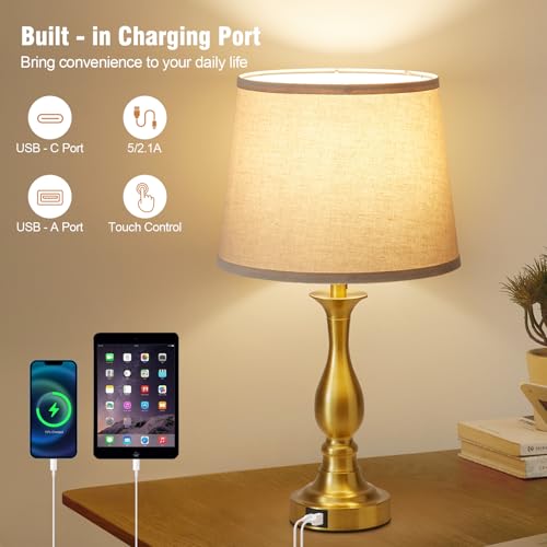 Bedside Table Lamp Touch Control Bedroom Lamps with USB A and C Charging Port 3 Way Dimmable Touch Lamps for Nightstand Living Room Bedroom Dorm Home Office Reading, Set of 2 - color: Gold
