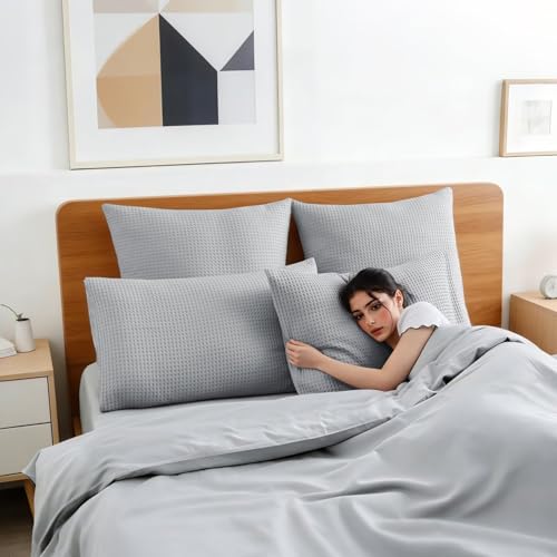 Shunjie.Home 100% Cotton Waffle Weave Pillow Shams Set of 2, 600TC Solid Reverse Side, Envelope Closure, Skin-Friendly & Durable Decorative Pillow Covers for Bed, Gray, Standard Size 20"x26" - color: Gray, size: 26" x 20" (Pack of 2)