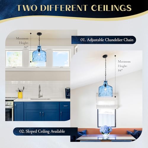 Farmhouse Pendant Light – Hand-Blown Blue Hammered Glass Shade, Black Finish, E26 Socket, Adjustable Chain Hanging Light Fixture for Kitchen Island, Dining Room & Hallway, 15" H x 12" D - color: Chain Blue