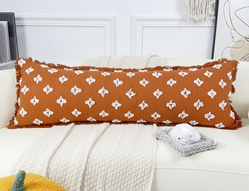 Boho Long Lumbar Pillow Cover 12x48 with Tassel Fringe,3D Flower Patterned Extra Decorative Long Lumbar Pillow Cover Case for Sofa Couch Bed Livingroom Farmhouse,Rust Red - color: Rust Red, size: 48" x 12" (Pack of 1)