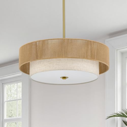 VONLUCE 17.7" Boho Rattan Chandelier, 4-Light Drum Chandelier with 2-Tier Woven Rattan Ceiling Light for Dining Room Bedroom Living Room with E26 Sockets, Gold Finish, ETL Certified - color: Gold, size: 18inch