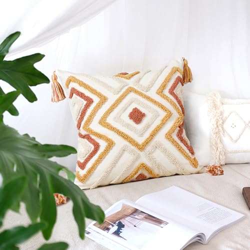 Boho Pillow Covers 18X18 Inch Boho Tufted Throw Pillow Covers Decorative Tassels Cushion Cover Farmhouse Pillow Case for Couch Sofa Bed Living Room Bedroom, Rust - color: Boho Multi-rust, size: 18" x 18" (Pack of 1)