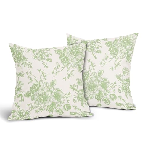 Kawani Apple Green and Cream Floral Pillow Covers 18x18 Inch Set of 2 Vintage Green Floral Throw Pillow Covers Chinoiserie Flower Pillowcases Cotton Linen Cushion Covers for Couch Decor - color: Apple Green, size: 18" x 18" (Pack of 2)