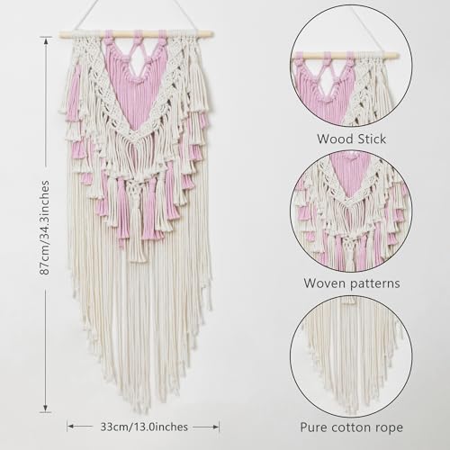 HVEST Pink Macrame Wall Hanging Boho Wall Decor Pink and Beige Tassel Woven Tapestry for Bedroom, Bohemian Tapestry for Girl Kids Room Living Room Nursery Dorm Wall Art Decor, 27L X 13W inches - color: Pink