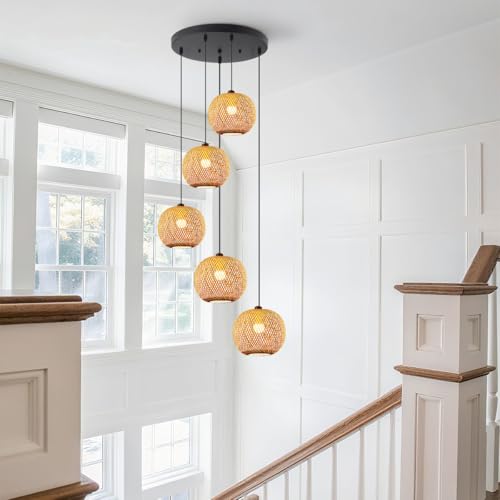 5-Light Staircase Bamboo Light Fixture Basket Weave Pendant Light Shade Boho Large Rattan Chandelier Coastal Wicker Pendant Hanging Lights for Foyer Living Room Farmhouse - color: Bamboo, 5-Light