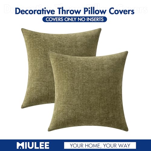 MIULEE Pack of 2 Couch Throw Pillow Covers 16x16 Inch Soft Olive Green Chenille Pillow Covers for Sofa Living Room Solid Dyed Pillow Cases - color: Olive Green, size: 16" x 16" (Pack of 2)
