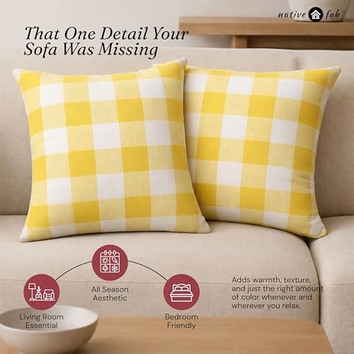 Native Fab Premium Throw Pillow Covers 2 Pack, 18x18 Inches, 100% Cotton, Vibrant Buffalo Plaid, Summer Check Cushion Cases, Bright Farmhouse Accent for Living Room, Outdoor, Lemon Yellow & White - color: Buffalo Lemon Yellow, size: 18" x 18" (Pack of 2)
