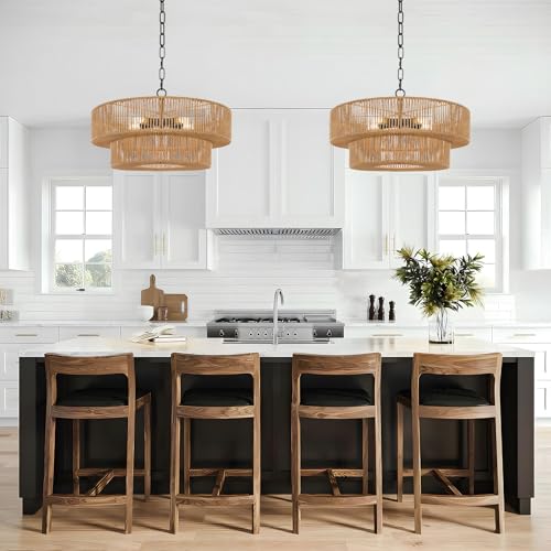 21.6 Inch Boho Rattan Chandelier, 5-Lights Hand Woven Bohemian Chandeliers with 2-Tier Drum Wicker Shade, Modern Farmhouse Large Pendant Light Fixture for Dining Room Living Entryway Bedroom - color: Matte Black Metal, size: 21.6 Inch