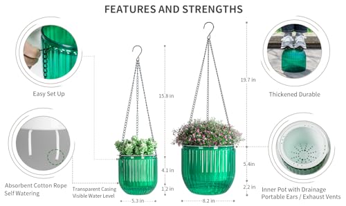 Josteve 5.2/8.2 Inch 2 Pcs Self Watering Hanging Planter Indoor Plant Pots Drainage Holes, Outdoor Small Hanging Planters Flower Pot Basket, Visible Water Level, Plant Hanger Home Decor, Gardening - color: Emerald, size: 2*5.2/8.2 inch