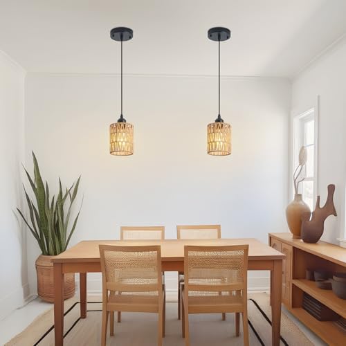 Rattan Chandelier Pendant Lights Kitchen Island,Farmhouse Boho Chandeliers Adjustable Height Hanging lamp for Dining Room,Small Kitchen Ceiling Light Fixtures with Hand Woven Wicker Lampshade - size: 1 Pack