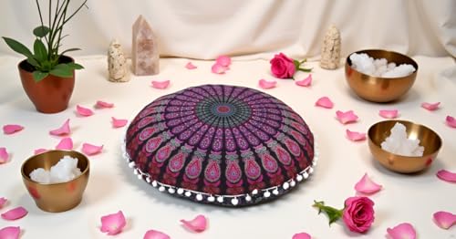 Round Mandala Floor Pillow Cover Seating Cushion Throw Cover Hippie Decorative Bohemian Ottoman Pouf Cover, Pom Pom Pillow Cases,Boho Indian 22 Inches (Pink and White) - color: Pink and White