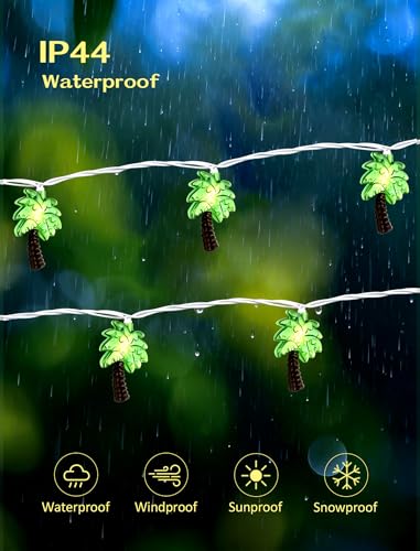 Upgraded 12FT 20 LED Palm Tree String Lights - [Warm Sunset Glow] - IP44 Waterproof Outdoor/Indoor Tropical Decor - Perfect for Tiki Bar, Patio, Beach Wedding & RV Camping - Connectable - color: Green (Leaves) / Warm White (Light)