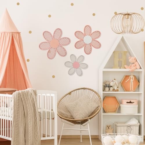 Maitys 3 Pieces Boho Daisy Wall Decor Natural Rattan Flower Wall Hanging Art Wooden Boho Art Nursery Flowers Farmhouse Hanging Decor for Home Office Nursery(Rustic Color) - color: Rustic Color