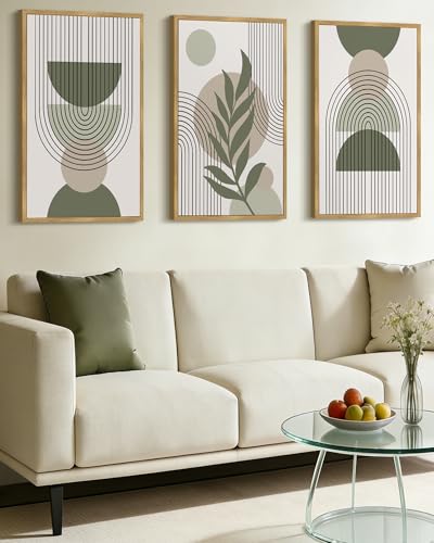 Drsoum 24x36in Large Boho Wall Art Green Sage Decor Framed Wood Modern Bohemian Abstract Geometry Canvas Prints Ready to Hang for Bedroom - color: green boho decor, Natural Framed, size: 24" x 36"