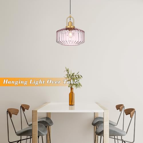11.8in Mid Century Modern Pendant Light, Gold Large Pink Glass | Vintage Lighting Fixture Ceiling Hanging Lamp for Kitchen Island Foyer Dining Room Bedroom Entryway Hallway Over Sink Table - color: Pink & Gold Hardwire, size: 11.8in