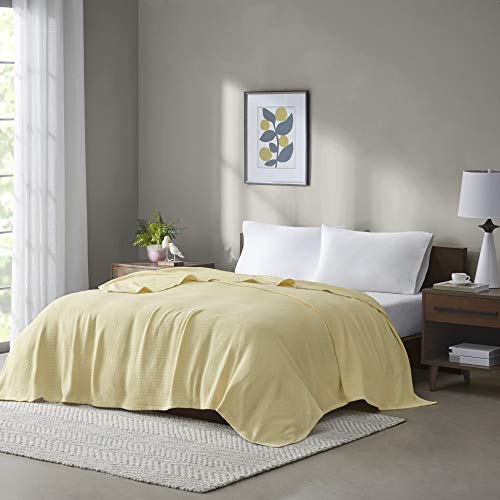 Madison Park Freshspun Basketweave Luxury Cotton Blanket Yellow 66x90" Twin Size Basketweave Premium Soft Cozy 100% Cotton For Bed, Couch or Sofa - color: Yellow, size: Twin