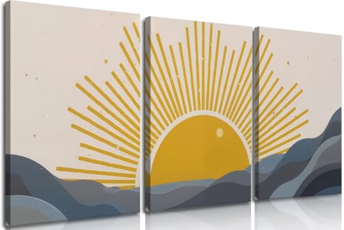 Frimeeme Modern Sun Boho Wall Art Set of 3,Boho Sun Canvas Print Set,12" x 16" Each Framed, for Living Room/Office/Bedroom/Kids Room