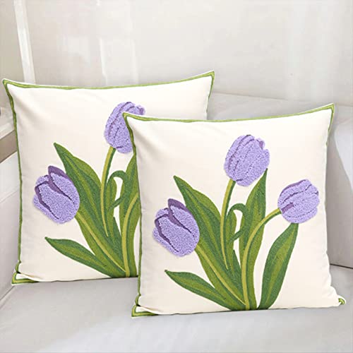 Pack of 2 Embroidered Decorative Throw Pillow Cover 18x18 Inch Farmhouse Floral Pillowcase for Living Room Sofa Bed (Purple Tulip) - color: Purple Tulip