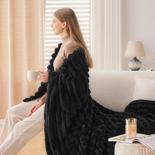 NEWCOSPLAY Super Soft Queen Blanket Black Premium Silky Flannel Fleece 3D Ribbed Jacquard Lightweight Bed Blanket All Season Use (Black Ribbed, Queen(90"x90")) - color: Black Ribbed, size: Queen(90"x90")