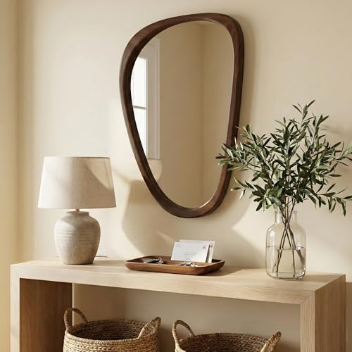 Solid Wood 36"x24" Retro Mid-Century Asymmetrical Wall Mirror, Irregular Wooden Wall-Mounted Mirror, Sculptural Bathroom Vanity Mirror for Living Room & Sideboard, Dark Walnut - color: Dark Walnut, size: 36"L x 24"W