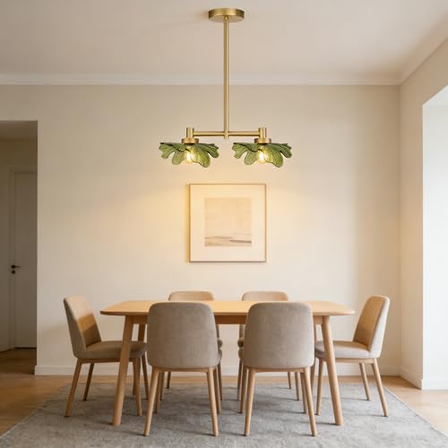2 Light Green Glass Pendant Light Adjustable Hanging Lamp | Leaf Glass Linear Pendant Light, Adjustable Gold Metal Rod, E26 Socket For Kitchen Island Dining Room - color: Green, 2 Light