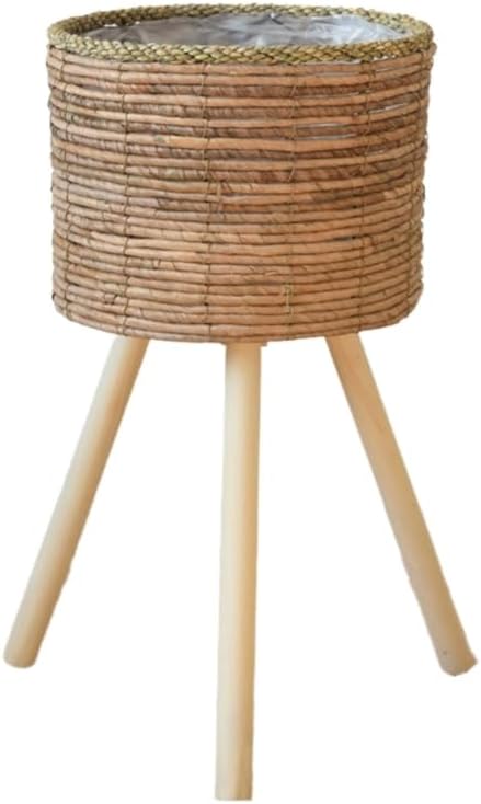 Woven Rattan Woven Plant Pot On Wooden Standing Legs, Round Floor Rattan Plant Stand Holder, Wicker Plant Basket with Stand for Living Room Balcony Home Decor