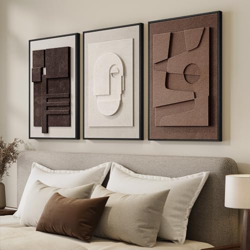 3D Textured Framed Neutral Abstract Wall Art for Bedroom, 3 Piece Modern Artwork for Walls, Minimalist White and Brown Geometric Wall Paintings for Living Room, Dining Room, Lounge Wall Decor 16x24 In - color: Brown White, size: 16"w X 24"h X 3pcs