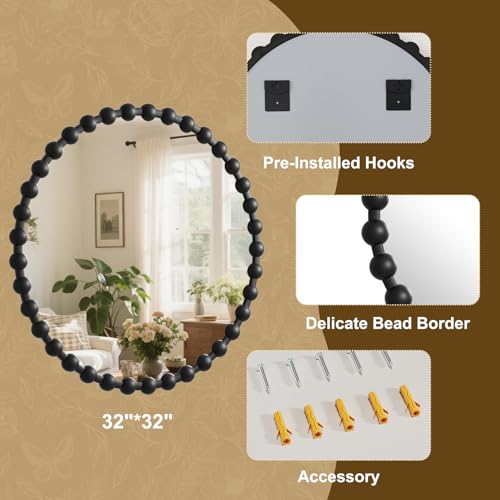Easly Round Mirror for Wall, 32 Inch Black Beaded Frame Decorative Vanity Mirror, Circle Bathroom Mirror with High-Definition Lense, Modern Wall Decor for Bathroom, Living Room, Bedroom, Entryway - color: Black, size: 32"L x 32"W