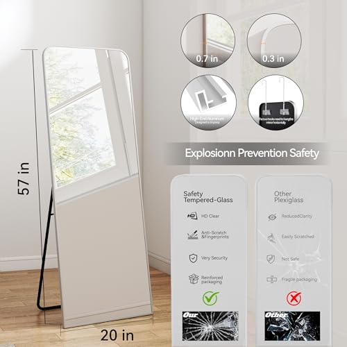 SCWF-GZ 57x20 Full Length Mirror Over The Door Hanging, Floor Stand/Wall Mounted Aluminum Alloy Frame Dressing Mirror for Bedroom Living Room 57 inch Silver - color: Silver, size: 57"L x 20"W