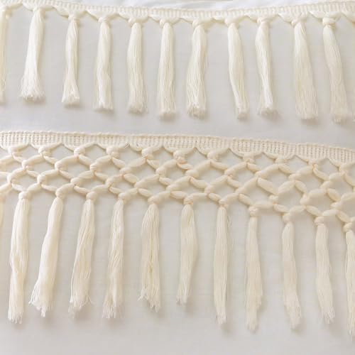 Boho Bohemian Macrame Tassel Ivory accent decorative couch long throw zipper body pillow cover case 54x20 Off White Cream Beige Cotton Fringe Knit Luxury Farmhouse Textured Rustic Tufted Room Decor - color: Ivory Fringe