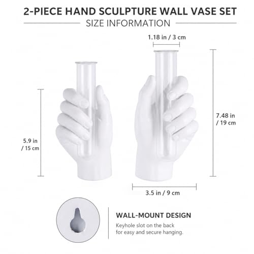 2Pcs Wall Hand Vase,Vintage Art Decor,Life-Size Hand Sculpture with Glass Test Tube Vase,Unique Wall Art Statue for Indoor or Outdoor,Maximalist Boho Whimsical Decor,for Women (2, White) - color: White