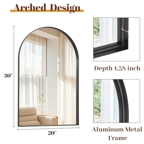 20" x 30" Luxury Arched Bathroom Mirror - Arch Wall Mirror with Shatterproof Tempered Glass and Metal Deep Frame, Hanging or Leaning for Living Room, Dresser, Entrance and Hallway, Black - color: Black, size: 30"L x 20"W