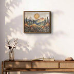 Framed Mountain Landscape Wall Art Boho Floral Sunrise Forest Canva Painting Modern Nature Wilderness Pine Tree Field Poster Rustic Wildflower Scenic Picture Decor for Living Room Bedroom 12x16 Inch - size: 12"L x 16"W