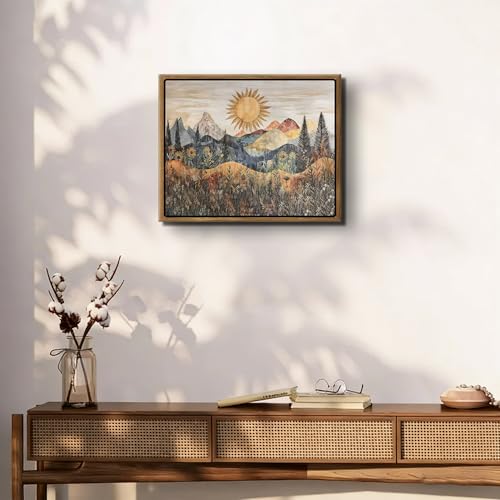 Framed Mountain Landscape Wall Art Boho Floral Sunrise Forest Canva Painting Modern Nature Wilderness Pine Tree Field Poster Rustic Wildflower Scenic Picture Decor for Living Room Bedroom 12x16 Inch - size: 12"L x 16"W