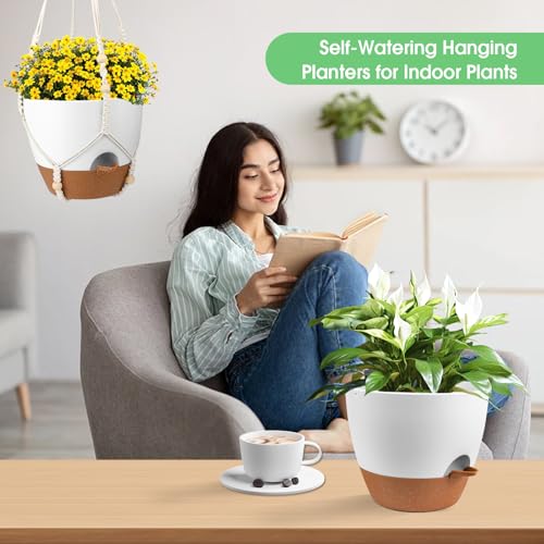 Hanging Planters for Indoor Outdoor Plants, 2 Pack Self Watering Hanging Pot with Drainage Holes, Removable Tray & 2 Kinds of Plant Hangers, 10'' Hanging Flower Pots for Home Garden Decor, White - color: Ivory+black+white, size: 10''