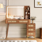 47" Rattan Vanity Table with Mirror and Lights, Brown Makeup Vanity with Storage & 5 Drawers, Boho Vanitys Desk with Shelves for Bedroom, 3 Lighting Modes, Adjustable Brightness (Walnut) - color: Walnut