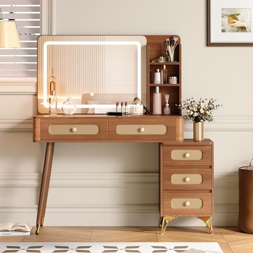 47" Rattan Vanity Table with Mirror and Lights, Brown Makeup Vanity with Storage & 5 Drawers, Boho Vanitys Desk with Shelves for Bedroom, 3 Lighting Modes, Adjustable Brightness (Walnut) - color: Walnut