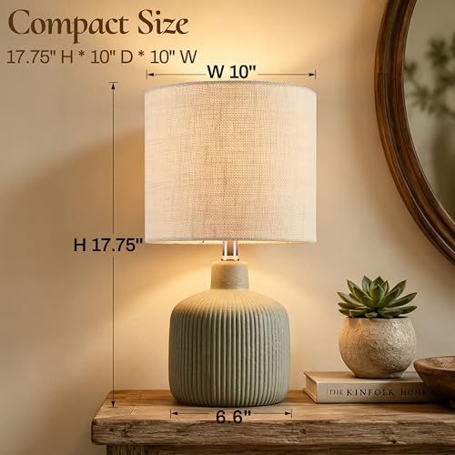 Ceramic Table Lamp, Oliver Green, 17.75" | Beige Linen Shade, Warm Ambient Lighting, Bedside Nightstand, Natural - color: Green