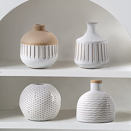 Boho Minimalist Small Ceramic Vase Set of 4 for Bedroom Living Room Office Fireplace Centerpiece Antique White Vintage Farmhouse Rustic Retro Flower Vases Home Decor Gift for Fake Plants - color: Antique