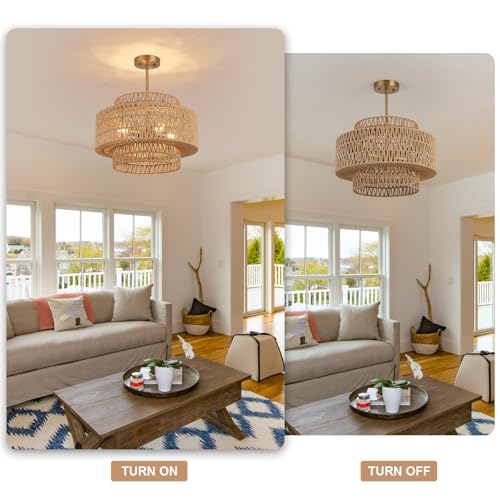 18 Inch Boho Chandeliers for Dining Room 4-Lights Black Farmhouse Light Fixtures Large Pendant Light Hand Woven Dining Table Light Fixture Rattan Hanging Lamp for Kitchen Island - size: 18 Inch