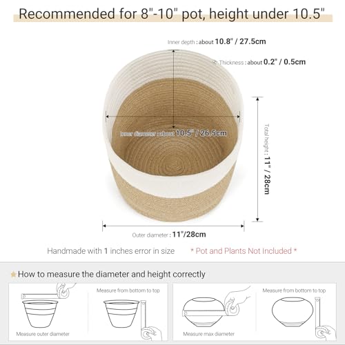 Dahey Jute Spliced Cotton Rope Plant Basket Modern Woven Storage Basket for 10.5" Floor Indoor Planter, Decorative Flower Pots Cover Laundry Bin with Handle Rustic Home Decor, White and Beige - color: White and Beige, size: 10.5"W × 10.8"H