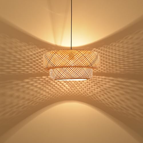 18.12 Inch Bamboo Pendant Light Hand Woven Dining Room Lights Wicker Hanging Bamboo Light Fixture for Living Room Kitchen Bedroom Coffee Restaurant Hallway - color: Bamboo 2-Tier, size: 18.12 inch-2 Layer