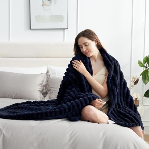Amélie Home Faux Fur Throw Blanket for Couch, Cozy Fuzzy Fluffy Fur Luxurious Soft Striped Plush Gift Blankets for Family Sofa Chair Bedroom, 55"x70", Navy Blue - color: Striped Navy Blue, size: Throw(55"x70")